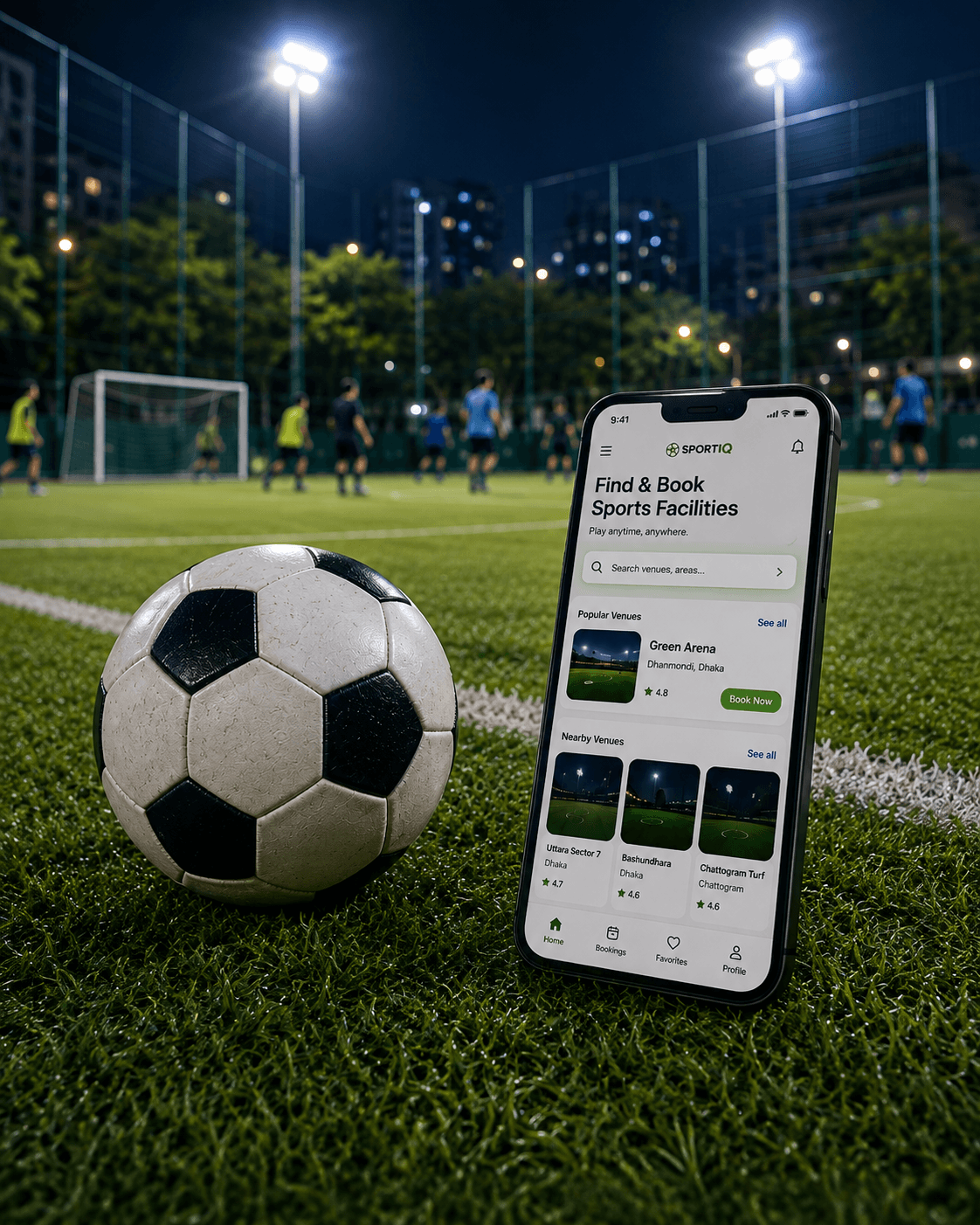 BD Sports Booking platform shown beside a football field