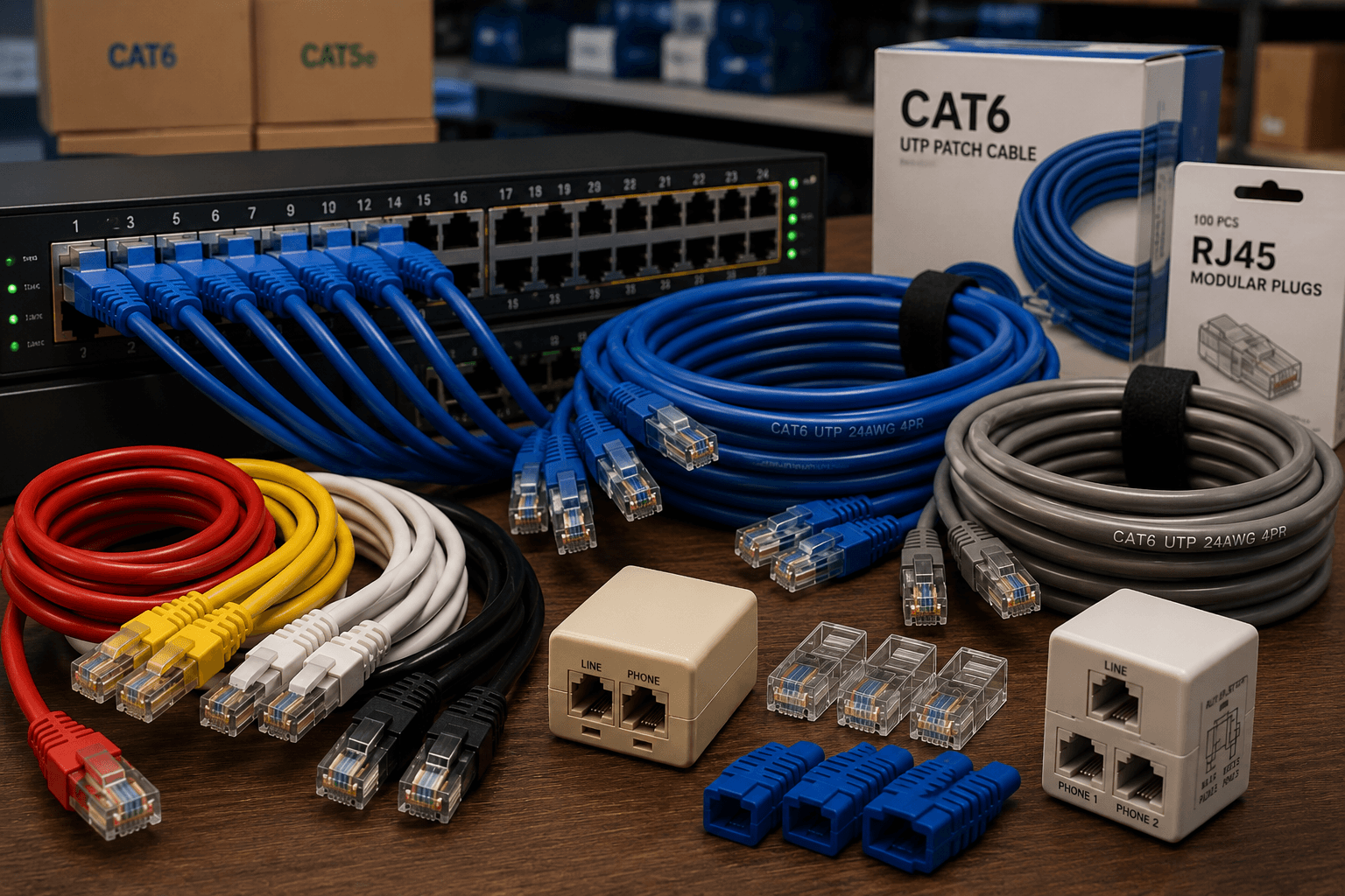 Ethernet cables, network cables, phone splitters, and networking accessories